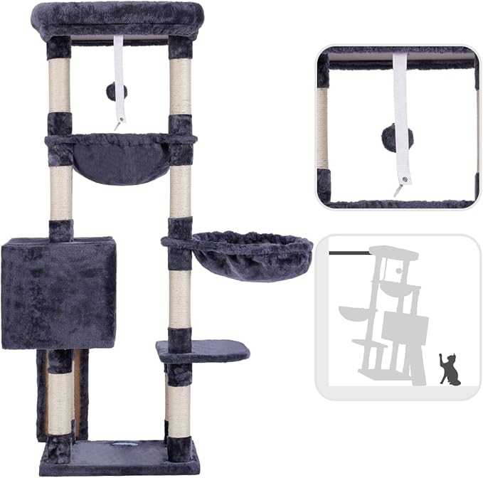 Hey-brother Large Cat Tree, Cat Tower for Indoor Cats, Cat House with Padded Bed, Cozy Condo, Hammocks, Sisal Scratching Posts, Big Scratcher, Smoky Gray MPJ006-MG