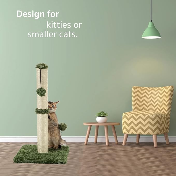 MECOOL Cat Scratching Post Premium Basics Kitten Scratcher Sisal Scratch Posts with Hanging Ball 22in for Kittens or Smaller Cats (22 inches for Kitten, Cactus Green)