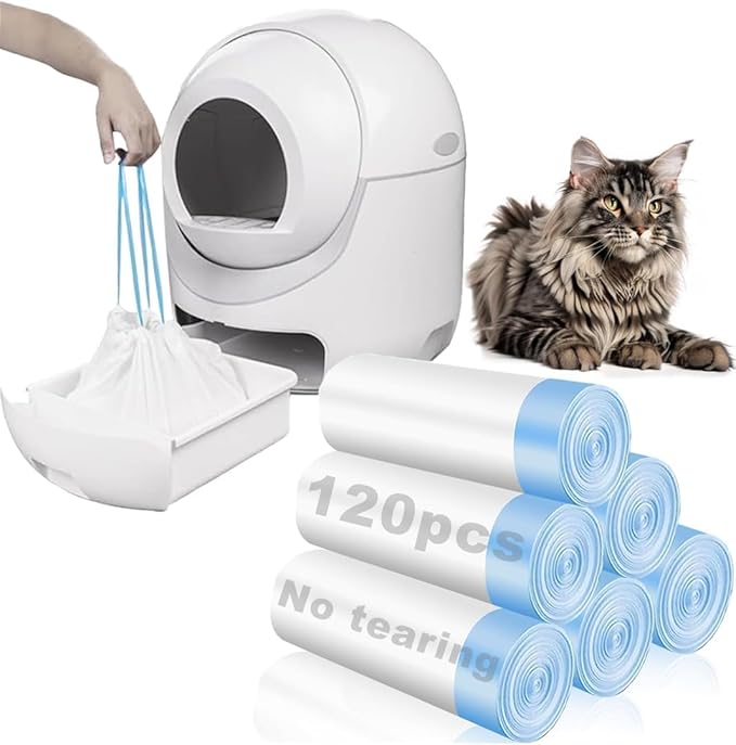 120 Pack Cat Litter Bags with Drawstring, Self Cleaning Litter Robot Waste Bags Compatible with Litter Robot 3 & 4, 10-12 Gallons