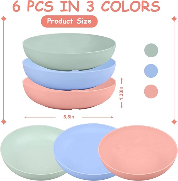 6-Pieces Whisker Fatigue Cat Bowl - 5.5 Inch Shallow Cat Food Dish Wide Cat Wet Feeding Bowls, PET Plate for Kittens and Short Legged Cat, Wheat Straw