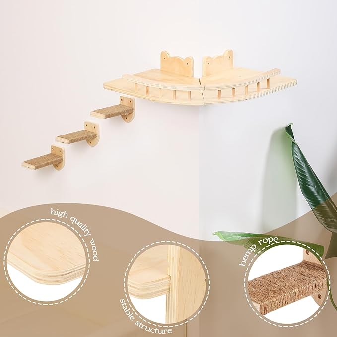 Cat Shelves for Wall, 2 Pcs Cat Wall Shelves with 3 Cat Wall Steps, Wood Cat Wall Furniture Set with Plush Covered, Wall-Mounted Cat Climbing Shelves Cat Perch for Indoor Large Cat (Wood)