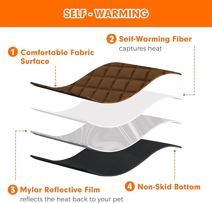 Vannon Self Heating Cat Mat Self Warming Dog Cat Bed Pad Heat Reflective Soft Dog Crate Pad Thermal Pet Mat for Outdoor Indoor Pets, Anti-Slip, Washable, Brown (S:18.9" x 27.6")