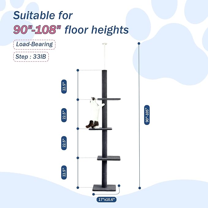 Cat Craft Cat Tree Floor to Ceiling 95-108" Tall Cat Tree Carpet Cat Tower Kitten Tree Sisal Scratching Post and Mat Cat Pole for Indoor Cats, Charcoal, Style A