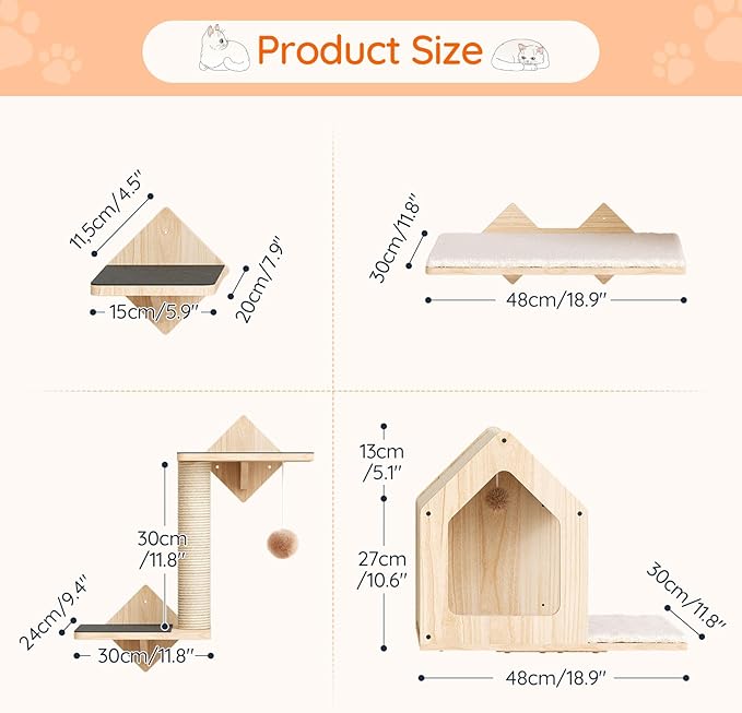 HOOBRO Wood Cat Wall Shelves, Set of 5 Cat Furniture, Cat Wall Mounted Furniture, Cat Climbing Shelves with Cat House, Cat Steps, Scratching Post, Perch, Sturdy and Anti-Slip, Natural NL43CS03