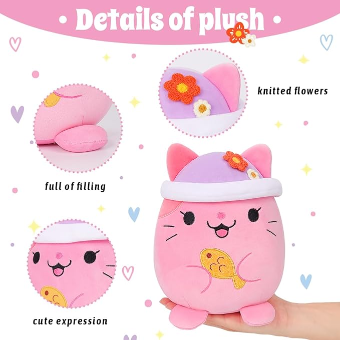 AIXINI Cute Pink Cat Plush Pillow 8" Kitten Stuffed Animal, Soft Kawaii Cat Plushie with Hat Outfit Costume Gift