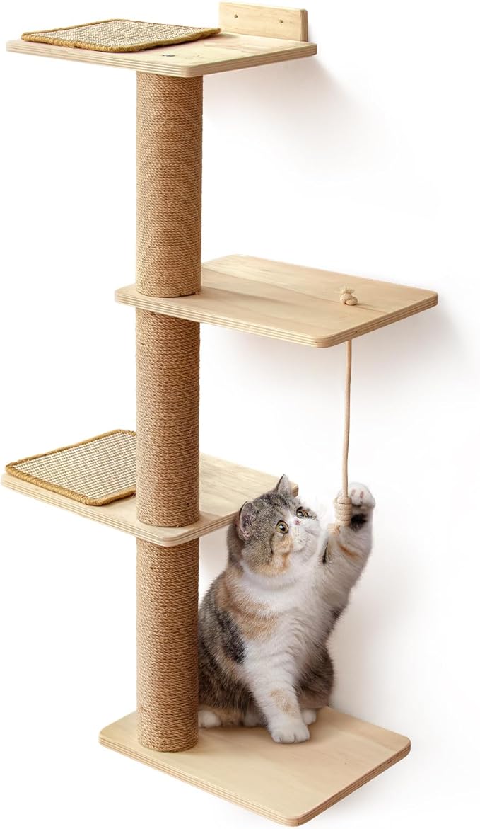 Cat Scratching Activity Tree Cat Climbing Tall, Wall Mounted Cat Climbing Tower 4 Tier, Natural Sisal Rope Cat Scratching Post