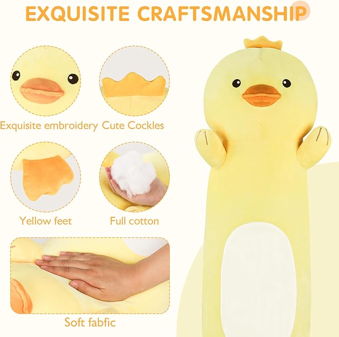 22” Long Duck Plush Body Pillow, Cute Duck Stuffed Animals, Soft Squishy Cuddly Pillow Plushies Toy Gifts for Kids Boys Girls, Birthdays Easter