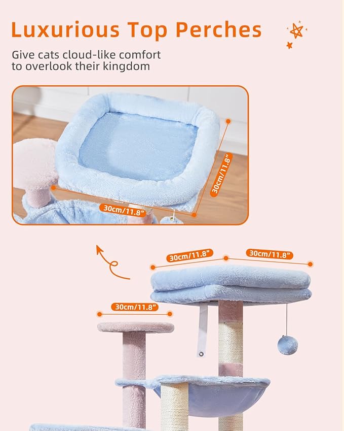 Taoqimiao Cat Tree, 39.4-Inch Cat Tower for Indoor Cats,Suitable for Kittens,Plush Cat Condo with 5 Scratching Posts, Plush Perch,2 Hammock,Pompoms, MS019PB Pink and Blue