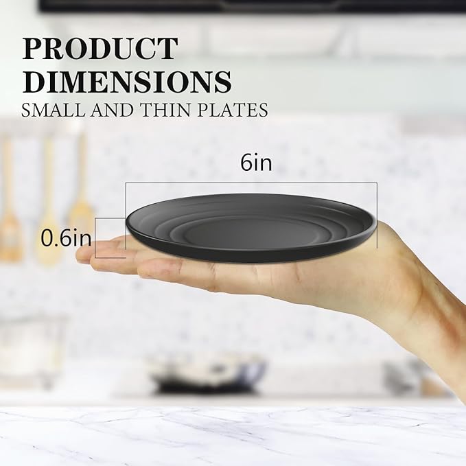6 Inch Dessert Plates Set of 8, Unbreakable Wheat Straw Appetizer Plates, Reusable Plastic, Microwave & Dishwasher Safe, Mini for Kitchen (Black)