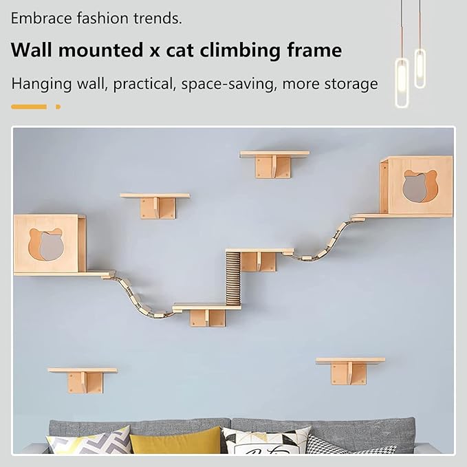 Cat Wall Shelves/Furniture, Shelves, Perches and Steps Set with 2 Cat Condos House, 6 Shelves, 2 Ladder, 1 Sisal Cat Scratching Post