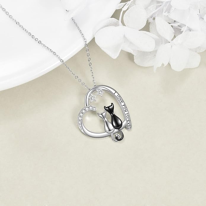925 Sterling Silver Moon Black Cat Necklace for Women - Tree of Life Jewelry with Abalone Stone - Cat Lover Birthday Gift