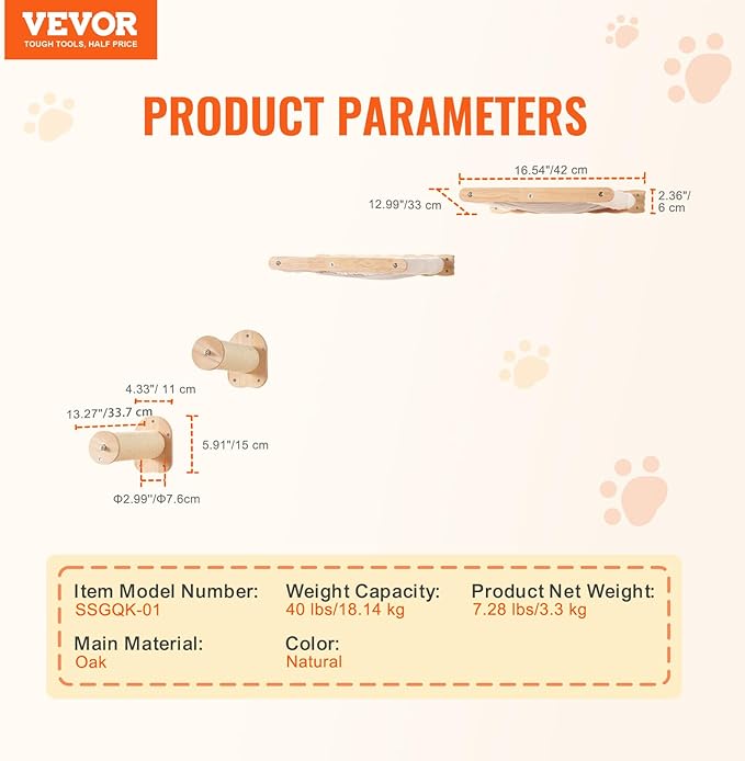 VEVOR Wall Mounted Cat Shelves, Cat Wall Shelves and Perches with Jumping Posts & Hammocks, Cat Furniture Set up to 40 lbs, Removable & Washable Coral Fleece for Sleeping, Playing, Climbing, Set of 4