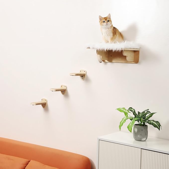 Cat Wall Shelves, 3 Steps Scratch Post, Cat Bed Hammock with Plush Covered for Indoor Cats