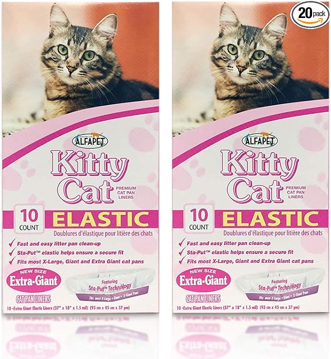Alfapet Cat litter box liners, Elastic bags liners, 20 Count For Large, X-Large, Giant, Extra-Giant Size litterbox- With Sta-Put Technology for Firm, Easy Fit- Quick + Clever Waste Cleaners, Pack of 2