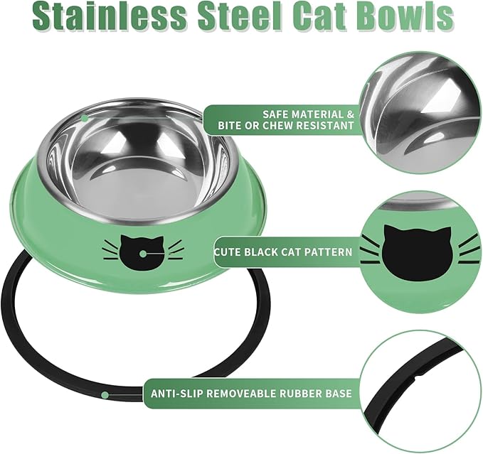 2 Pcs Non-Slip Stainless Steel Small Cat Food Bowls - Unbreakable, Thicken Cat Feeder 7 Oz Dishes with Removable Rubber Base, Easily Clean, Lovely Color