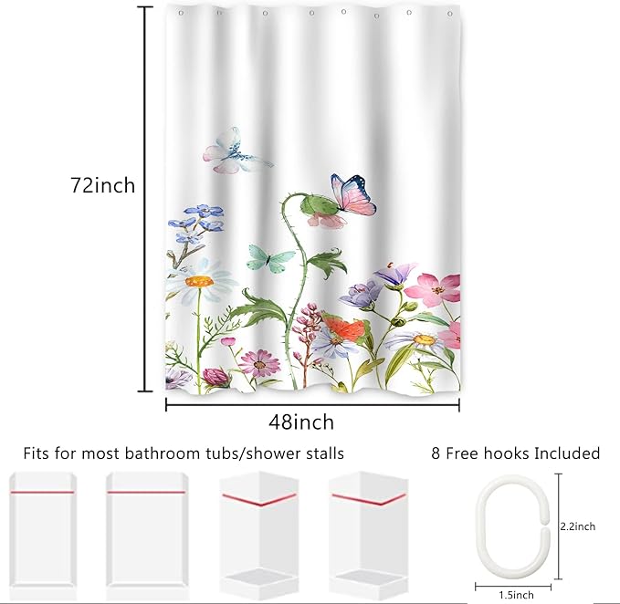 AWERT Butterfly Wildflowers Small Half Size Stall Shower Curtain with Hooks Shower Stall Curtain for Bathroom/RV and Camper 48 x 72