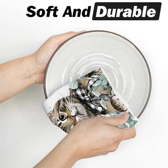 Artoid Mode Eucalyptus Leaves Cat Hello Sweet Kitchen Towels Dish Towels, 18x26 Inch Buffalo Plaid Bow Tie Holiday Decoration Hand Towels Set of 2