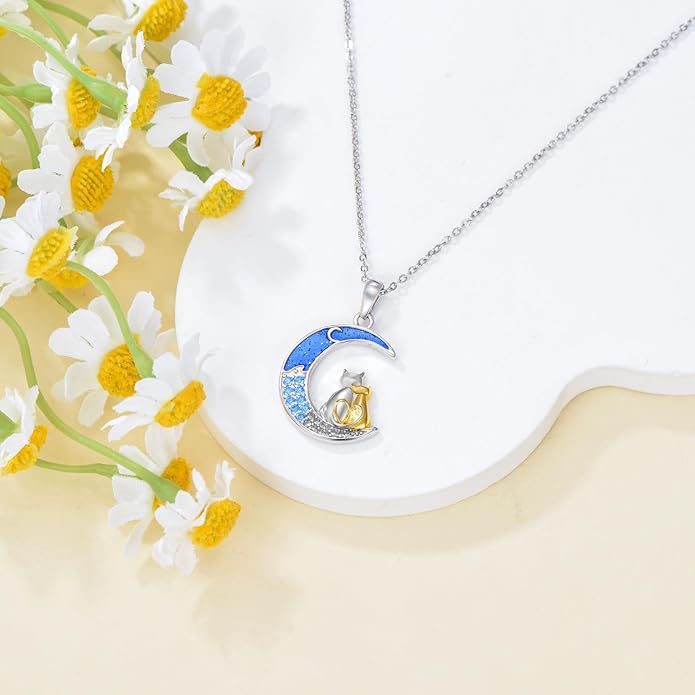 Cat Necklace 925 Sterling Silver Cat Pendant Necklace Cute Animal Jewelry Gift for Women Mother Grandma