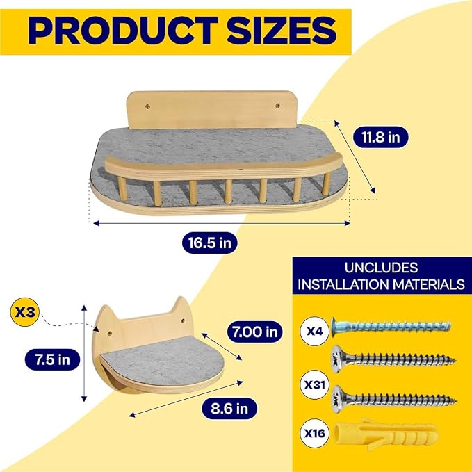 Cat Shelves for Wall Kit – Complete Set for Vertical Cat Play & Climbing – Stylish & Durable Wall-Mounted Cat Shelves – Floating Cat Perches – Ideal for Enriching Your Cat’s Environment