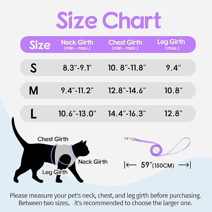 Dooradar Cat Harness and Leash Set, Escape Proof Lightweight Kitten Harness, Soft Breathable Reflective Vest for Outdoor Walking Traveling, Adjustable for Small Cats, Grey & Purple, S