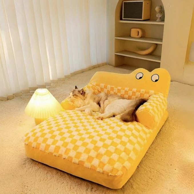 Pet Couch Bed，Pet Bed for Medium Small Cats & Dogs，Fluffy Cat Sofa with Premium Soft Corduroy Fleece，Soft Calming Cat Sofa Beds for Cats Anti-Slip Bottom and Removable Washable Cover (yellow, X-Large)