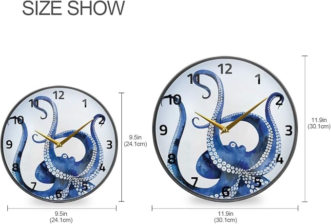 ALAZA Blue Marine Kraken Octopus Wall Clock Battery Operated Silent Non Ticking Clocks for Living Room Decor 12 Inch / 9.5 Inch