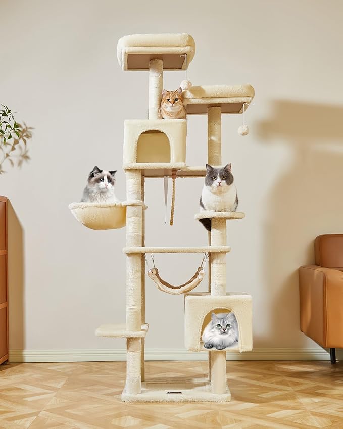 Taoqimiao Cat Tree, 71-Inch Cat Tree Cat Tower for Indoor Cats, Plush Multi-Level Cat Condo with 10 Scratching Posts, 2 Perches,Basket, 2 Caves,Hammock, 2 Pompoms,MS020M Beige