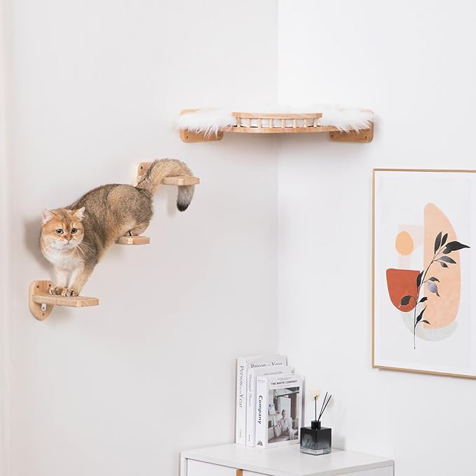 3pcs Cat Wall Steps, Cat Climbing Wall Mounted Cat Furniture, Cat Wall Shelves Cat Steps for Wall with Hemp Rope Covered, Solid Wood Cat Ladder for Cats Playing and Climbing (Standard-Wood)