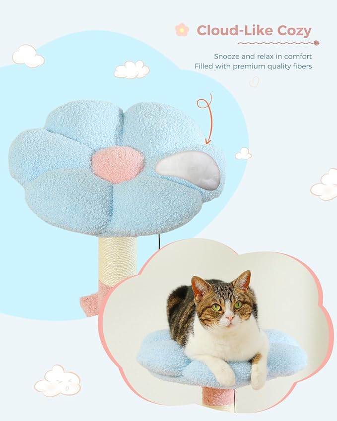 Flower Cat Tree 47.2" Multi-Level Cat Tower with Sisal Covered Scratching Posts, Cute Cat Condo for Indoor Small Medium Cats, Pink Top Perch, Ramp, Fluffy Ball, Blue