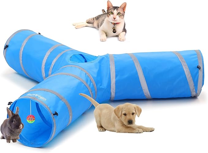 3 Way Cat Tube Tunnel - Indoor Cat Toy Tunnels Includes Crinkle Paper, Mouse Toy - Connect More Tunnels - Pop Up Collapsible - 10 Inch Diameter (Blue)