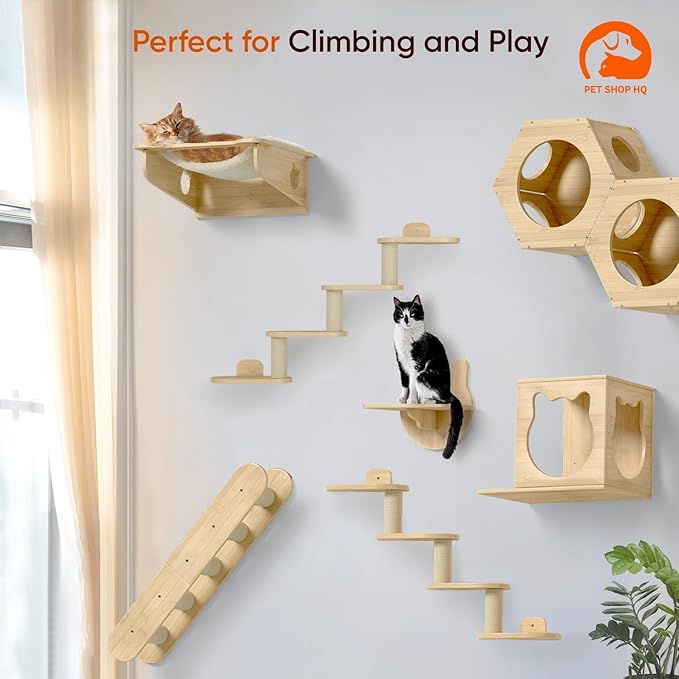 Cat Wall Shelves Furniture for Climbing - Cat House Wall Mounted - Indoor Wooden Floating Cat Furniture - Different Models Including Shelves, Perches, Hammock, Bed, Bridges, Walkways