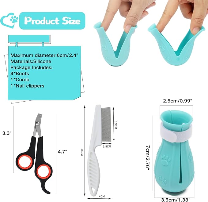6Pcs Adjustable Silicone Cat Scratch Proof Boots with Pet Nail Clipper and Comb for Bathing and Grooming Feet Cover Cat Foot Cover for Home Pet Dog Ferret Rabbit Guinea Pig (Blue)