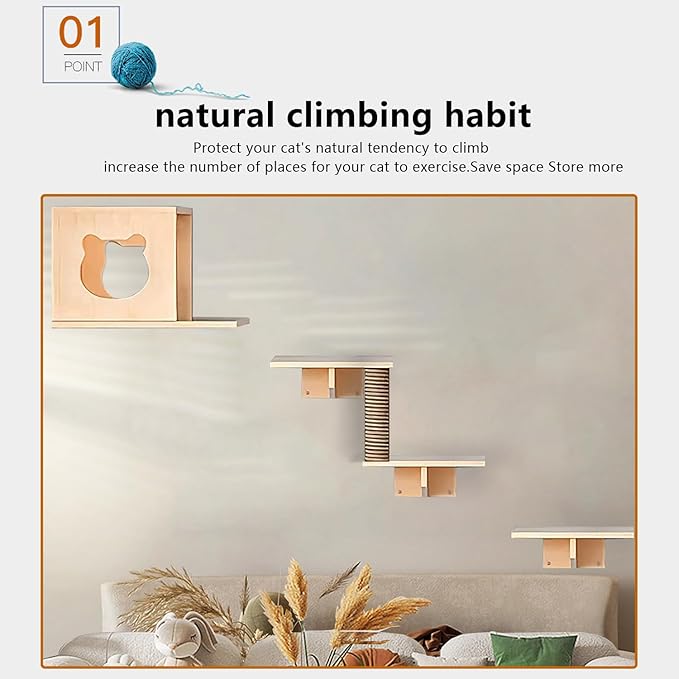 Cat Wall Shelves, Cat Wall Furniture, Cat Shelves and Perches for Wall, Cat Wall Steps Set with 1 Cat Condos House, 3 Cat perches, 1 Sisal Cat Scratching Post (C)