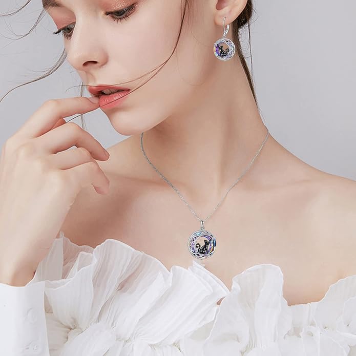 925Sterling Silver Moon Black Cat Necklace for Women Tree of Life Cat Jewelry for Women Abalone Necklace for Cat Lover Birthday