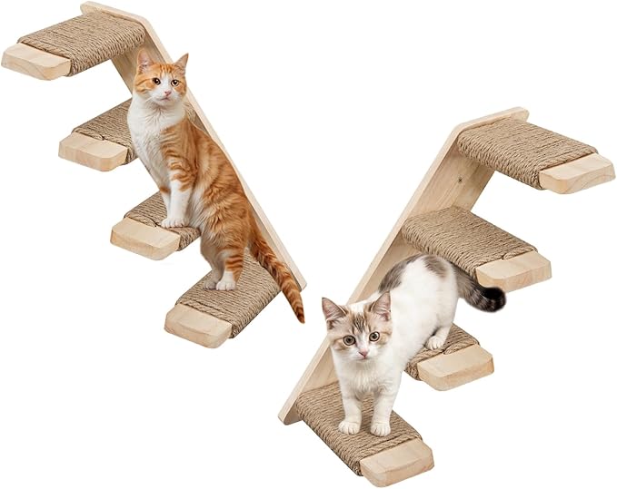 HOOBRO Cat Wall Shelves Set of 2, Wood Wall Mounted 4-Level Cat Ladders, Cat Climbing Shelves with Jute Scratching Steps, Cat Wall Climber Furniture, for Cat Perches and Platforms, Nature NL42CS03