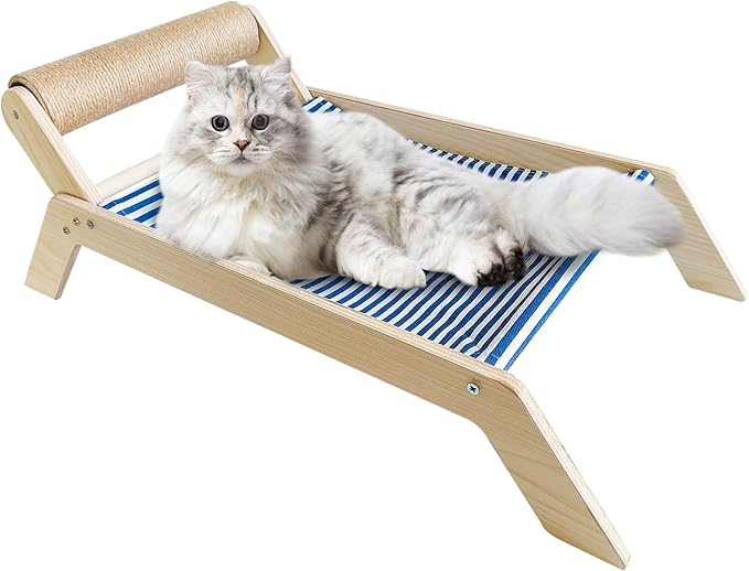 Beach Chair Cat Hammock with Scratch-Roller, Natural Solid Wood Elevated Cat Beds for Indoor Cats, Cozy Cat Lounge, XL-Wooden Beach-Sling-Chair for Kittens and Large Adult Cats, 23.6”×11.8”×7.9”