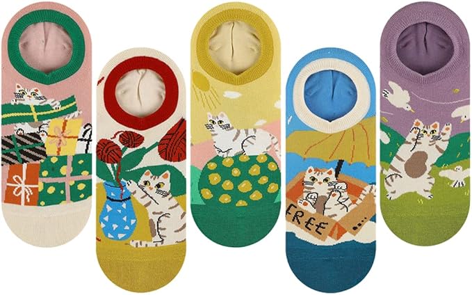 Angelteers 5 Pairs Cute Cartoon Animals Thin Cotton No Show Socks for Women Teen (US, Alpha, One Size, Regular, Regular, Cat)