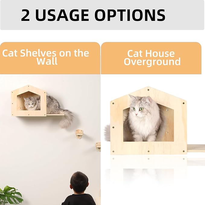 Cat Wall Shelves, Cat Shelves for Wall, Cat House Wall Furniture, Cat Condo Shelf with 3 Steps Scratching Post, Cat Bed Hammock Wall Mounted, Climbing Shelf Wall Mount for Indoor Cats (Wood)