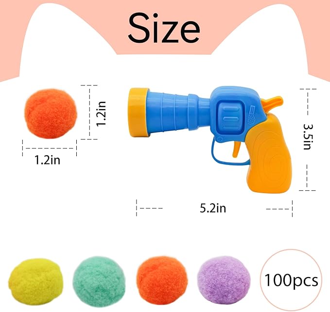 Andiker Cat Toy Balls Set, 30pcs Plush Cat Pom Pom Balls&a Plastic Launcher Set for Cat Catch&Fetch Interactive Cat Toy with Colorful&Soft Cat Balls for Indoor Cats to Keep Fit (Blue 100balls)