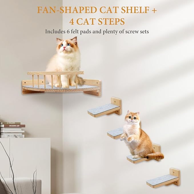 Cat shelves for wall with 4 Steps Scratch Post 13 * 13 in Indoor Walled Mounted Cat Bed with 6 Felt Pad Wood Cat Bed Hammock with Climbing Shelf for Cats Support 20 LBS