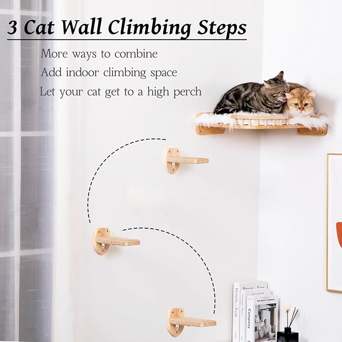 Cat Wall Shelves, Corner Cat Shelf with 3 Cat Wall Steps, Cat Shelves for Wall Large Cats Set, Cat Wall Bed with Plush Covered, Wall Mounted Cat Climbing Shelf for Indoor Cats (RubberWood)