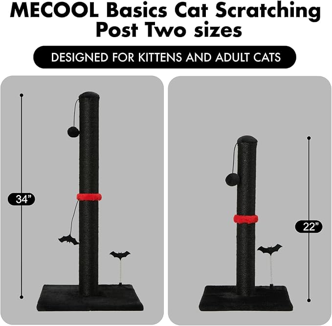 MECOOL Cat Scratching Post Premium Sisal Scratch Posts with Hanging Ball Vertical Scratcher for Indoor Cats and Kittens (Black, 34 inches for Adult Cats)