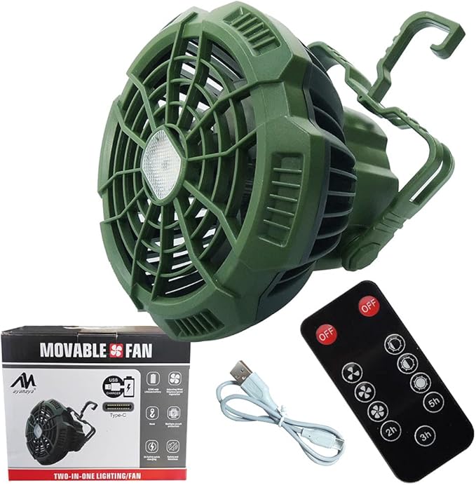 ayamaya Rechargeable Camping Tent Fan with LED Light, Remote Control, 7800mAh Portable Camping Lantern Fan USB Desk Ceilling Fan for Car, Office, Hurricane Emergency Survival