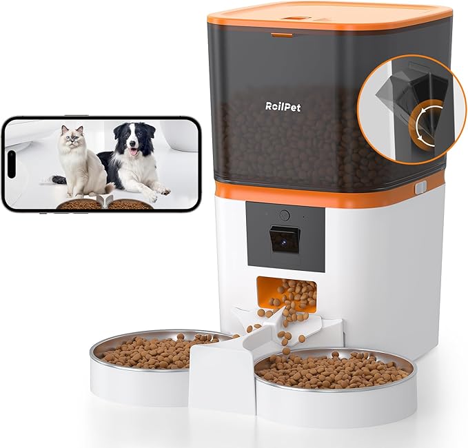 Automatic Cat Feeder with Adjustable Camera for 2 Cats, 5G WiFi 6L Smart Cat Food Dispenser, 1080P HD Video with Night Vision, Pet Feeder with 2-Way Audio for Cats&Dogs, Food Blockage & Motion Alerts