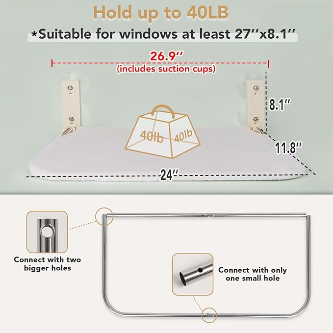 Foldable Cat Window Perch for Large Cat, Cordless Cat Hammock Window Seat Update Secure Hold with 4 Cone Shape Suction Cups and 2 Sturdy Larger Base for Indoor Cats (Large,White)