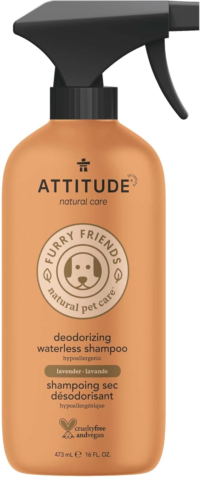 ATTITUDE Waterless Shampoo Spray for Pets, Plant and Mineral-Based Ingredients, Vegan and Cruelty-Free Grooming Products, Deodorizing and Anti-Itching, Lavender, 16 Fl Oz