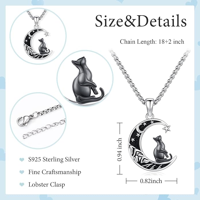 Aniu S925 Sterling Silver Cat Necklace for Women - Moon Pendant Jewelry, Gifts for Cat Lovers