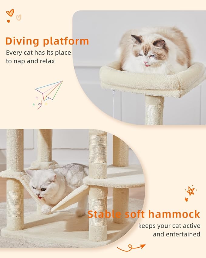 Taoqimiao Cat Tree, 61-Inch Cat Tower for Indoor Cats, Plush Multi-Level Cat Condo with 5 Scratching Posts, 2 Perches, 2 Caves, Hammock, 2 Pompoms, Beige MS013SM