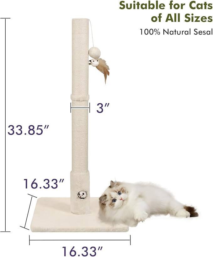 Cat Scratching Post with Premium Sisal Rope for Indoor 34in Tall Scratcher Post Tree with Mouse Hole, Hanging Ball for Adult Cats and Kittens White Scratch Tree