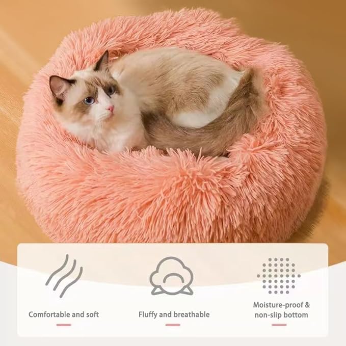 Cat Beds for Indoor Cats, Dog Bed, Cat Bed, Machine Washable, Fluffy Round Pet Bed Non-Slip, Autumn and Winter Warmth, Cuddler Cushion Self Warming (Plaid Sky Blue, 24 inch)